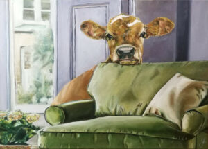 Chortensia the Cow Behind a Sofa by Jura Kuba Art oil painting on stretched canvas 300x215