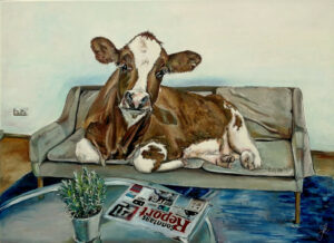 Cow on sofa oil painting by Jurakuba Art on stretched canvas 100 x 73 300x218