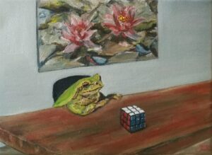 Frog at the Table Water Lilies Rubiks Cube by Jura Kuba Art Oil painting on stretched canvas 33 x 24 cm 300x219