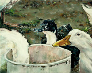 Geese around the bucket by Jura Kuba oil painting on canvas 50 x 40 cm 300x239