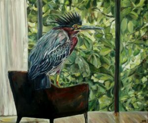 Green Heron on The Armchair by Jura Kuba Art Oil oainting on stretched canvas 60 x 50 cm 300x250