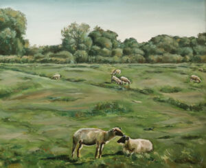 Landscape with sheep by Jura Kuba Art oil painting on stretched canvas 300x244