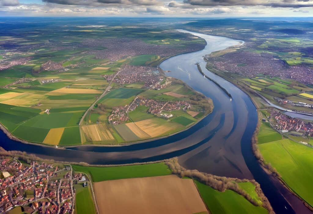 Städtischer Raum am Flusslauf, Luftaufnahme