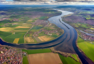 Städtischer Raum am Flusslauf, Luftaufnahme